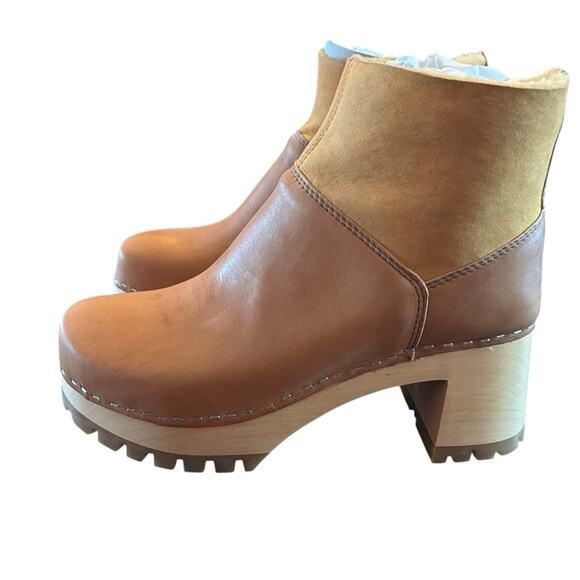 Swedish Hasbeens Shearling-Lined Leather Clog Boots Wood Heel  NEW  EU 37 US 7 - Picture 5 of 9